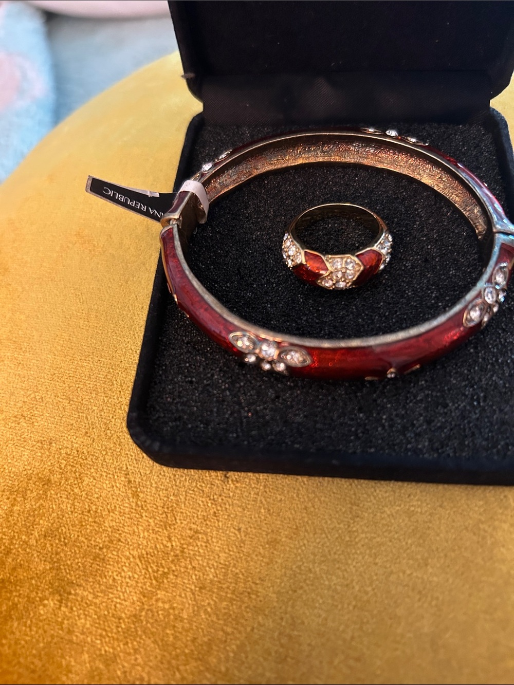 Banana Republic Red Enamel Ring and Bangle Set with Crystal Clusters